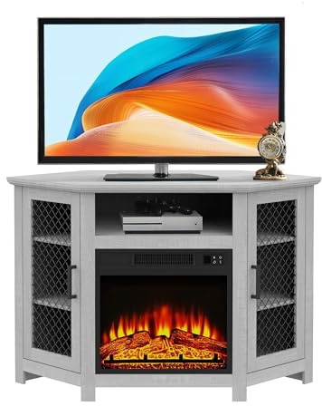 Parrot Uncle TV Stand With 18 Electric Fireplace Heater, Grey, Fits TVs up to 55 Inches, 18 Inch Insert with LED Technology, Remote Control, Adjustable Flame Brightness