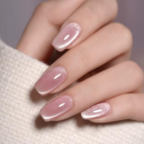 Baby Pink False Nails - Press On Nails Cat Eye Design - Short Square Stick On Nail For Daily Use & Typing - Natural Fit, Reusable, Shining Glitter Nails 30PCS