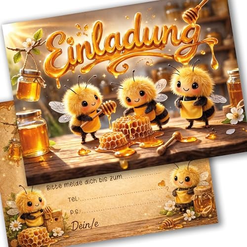 E&G Klasse 10x Einladungskarten Bienchen Honig Tiermotiv Kindergeburtstag A6 Beige niedlich Geburtstagseinladung Kinder Einladungskarte Mädchen Jungen süß Tierparty Bienen Design Karten