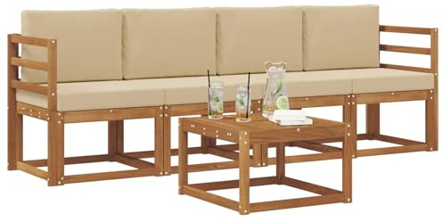 vidaXL Outdoor-Sofagarnitur mit Kissen 5 pcs Natur und Beige, Garten-Sektionalsitz, Moderne Außenmöbel, langlebige Lounge, entspannte Terrasse für alle