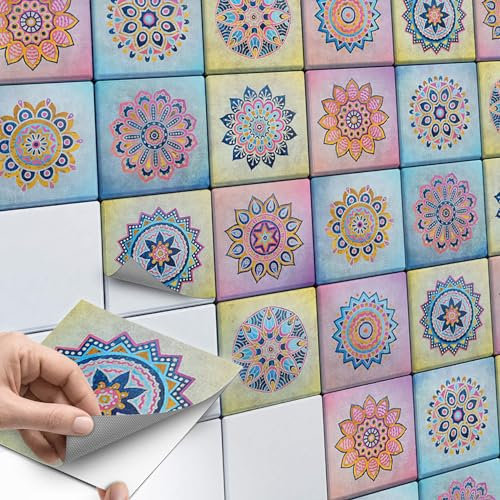 Fliesenaufkleber - Mosaikfliesen I Fliesenfolie statt Fliesenlack I Klebefolie für Bad-Fliesen - Küchenrückwand und Fliesenspiegel verschönern I 10x10 cm - Motiv Indian Tiles - 72 Stück