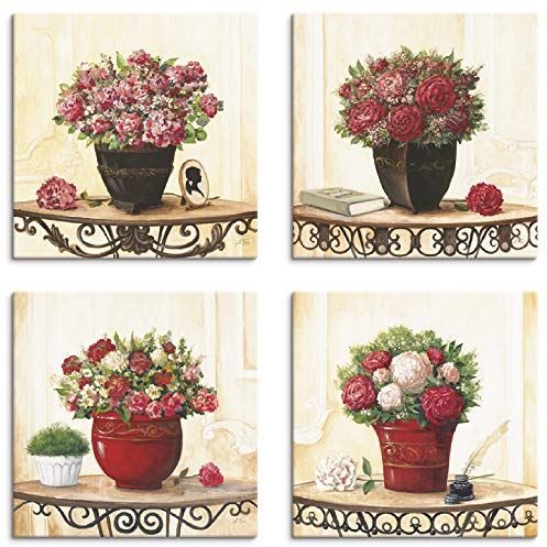 ARTLAND Wanddeko Blumenbilder Leinwand Bilder Set 4tlg. je 20x20 cm Quadratisch Wandbilder Natur Blumen Creme Hortensien Nelken Rosen Pfingstrosen K2JQ