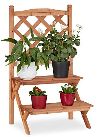 Relaxdays Portavasi a Scala, Scaffale 89 x 51 x 40cm, in Legno d'Abete, 2 Gradini Portafiori, Espositore Marrone Chiaro