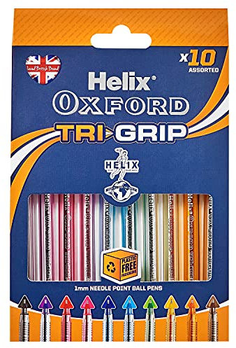 Helix Oxford Tri-Grip Ballpoint Pens (x10 Pack Assorted Colours) with Plastic Free Packaging