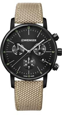 WENGER Herren Armbanduhr Urban Classic Chronograph Ø 44 mm, Swiss Made, Analog Quarz, Wasserdicht bis 100 m, Stoff-Armband, Schwarz/Sand, 01.1743.117