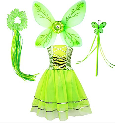 Tante Tina Costume de fée papillon pour fille - 4 pièces avec robe en tulle, ailes, baguette magique et serre-tête - Vert - Convient pour les enfants de 2 à 8 ans