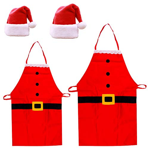 Weihnachtsmütze Nikolausmütze Weihnachtsschürze 4 pcs Küchenschürzen Unisex Classic Red Christmas Hat Weihnachtsmann Kostüm für Weihnachten Weihnachtsfeier Chefkoch Küche Kochen Restaurant Baking