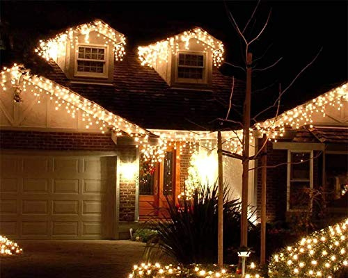 Best Artificial Christmas Connectable Mains powered Icicle string Lights Outdoor Waterproof with 8 Multi-Function, Timer & Memory (Warm White, 10m)
