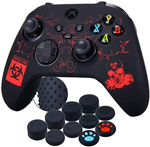 YoRHa Silikon Laserschnitzen Drucken Hülle Skin Case für Xbox Series X/S Controller (BH rot) x 1 mit Aufsätze Kappen x 10