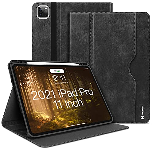 HOLIMET iPad Pro 11 Zoll Hülle 2022 4./3./2. Generation 2021/2020 mit Stifthalter PU-Leder Schutzhülle Hülle mit Taschenriemen Weiche TPU Rückseite Stoßfest, Auto Schlaf/Wach für iPad Pro 11 (Schwarz)