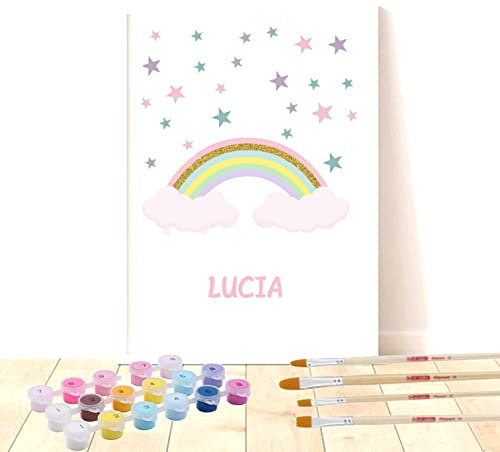 Didart Handmade Regalo Niños. Pintar por Números Personalizado con Nombre. Marco incluido, sin clavos. DIY Pintura Manualidades Decoración habitación infantil. (ARCOIRIS)