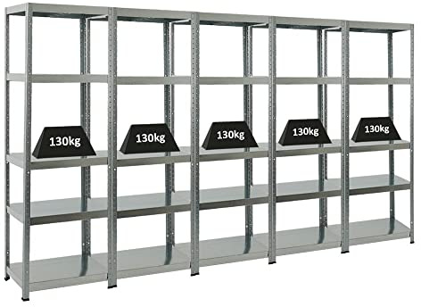 PROREGAL Mega Deal 5er-Sparset Metallregal Steel Eagle 180x60x40cm Fachlast 130kg Verzinkt Schwerlastregal, Küchenregal, Kellerregal, Steckregal, Garagenregal, Lagerregal