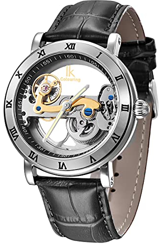 Alienwork IK Automatikuhr Armbanduhr Herren Damen Silber Lederarmband Schwarz Skelett Glasboden