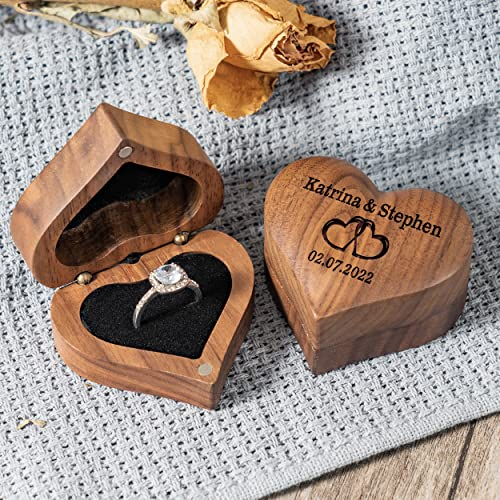 KEMEILA Personalisierte herzförmige Ringbox, Samt-Innenseite, weiche Ringbox, personalisierte Ringbox aus Holz, Schmuck-Aufbewahrungsbox, Antrag, Verlobung, Geburtstagsgeschenk.