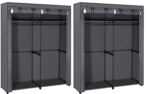 SONGMICS Kleiderschrank, 2er Set, Garderobe mit 2 Kleiderstangen, Aufbewahrung von Kleidung, Stoffschrank, Kleiderständer, faltbar, Ankleidezimmer, Schlafzimmer, 140 x 43 x 174 cm, grau LBD018G02