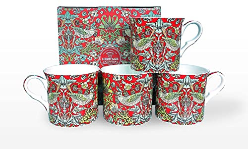 heritage William Morris Set of 4 Gift Set Mugs red Strawberry Thief Design