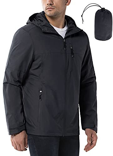 33,000ft Regenjacke Herren Wasserdicht Outdoorjacke Leichte Freizeitjacke Packbare Windjacke Fahrrad Regenmantel mit Kapuze Dunkelgrau L