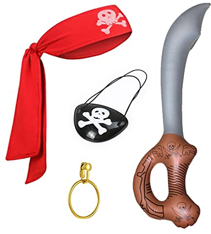 TSHAOUN 4 Stück Piraten Kostüm Zubehör Set, Weihnachten Piraten Partyzubehör, Piraten Kapitän Kostüm Accessoires Set,Halloween Piraten Partyzubehör,Augenklappe,Halstuch, Ring,Aufblasbares Messer