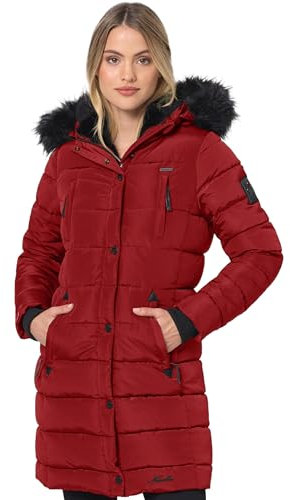 Navahoo Winterjacke Damen - Wasserabweisend, Warm, Kapuze, Winddicht - Wintermantel Lang, Mantel Frauen, Teddyfell gefüttert - Stehkragen, 7 Taschen, verlängerter Zipper - Blood M