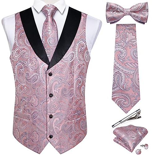 DiBanGu Einfarbig Anzug Weste für Männer Satin Weste Set mit Krawatte Fliege Krawattenklammer Einstecktuch Manschettenknöpfe 6 Stück Weste, Rosa Paisley, X-Large