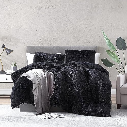 Sacebeleu Winter Bettwäsche 135x200cm 4 Teilig Plüsch Langhaar Flauschig Flanell Biber,Schwarz Bettbezug Warme 2 Bettbezug und 2 Kissenbezug 80x80cm mit Reißverschluss