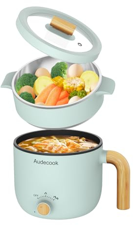 Audecook Hot Pot électrique avec Cuiseur à Vapeur, 1.5L Portable PoêLe Multifonction, Parfait Pour Nouilles/PâTes/œUfs/Soupe/Steak(Vert)