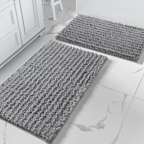 Yimobra Badezimmerteppich Set 2 Teilig, Chenille, rutschfeste Badematte - Luxuriöser Komfort für Ihr Badezimmer, 51 x81 + 43 x 61 cm, Grau
