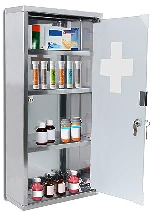 LILIIN Medizinschrank, Arzneischrank Medikamentenschrank aus Edelstahl, 4 Fächer Arzneischrank mit Glas Tür & 2 Schlüsseln, Erste Hilfe Schrank Hausapotheke, 30x12x57.5cm