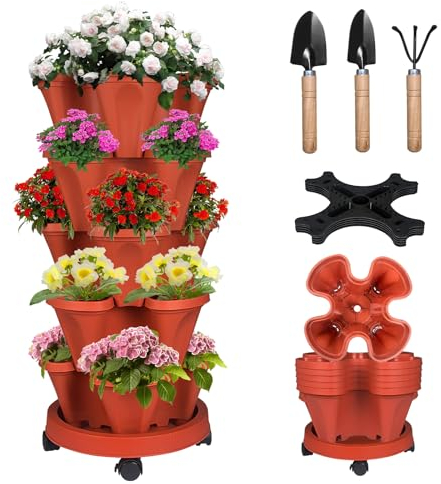 Bociks 5-stöckiger vertikaler Erdbeer-Pflanzturm, stapelbar, Kräuterpflanzgefäß, stapelbar, für den Außenbereich, mit Werkzeug, Mover für den Anbau von Blumen, Gemüse und Sukkulenten