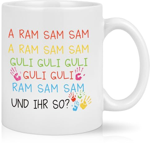 Joymaking Abschiedsgeschenk Geschenke für Erzieherin Kaffee Tasse - A Ram Sam Sam - Dankeschön Geschenke Erzieherin Abschied Geschenk Kindergarten Kita, 320ml Weiß