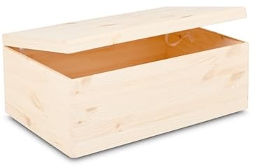 Pinus - Holzkiste mit Deckel, 60x40x23 cm, Holzbox mit Klappverschluss, Schatztruhe aus Holz, Box ohne Griffe, Aufbewahrungsbox, Europäisches Kiefernholz und Sperrholz
