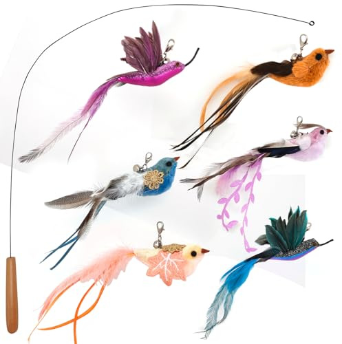 miwoowim 35 Steel Wire Cat Wand Toy & 6PCS Realistic Feather Bird Refills