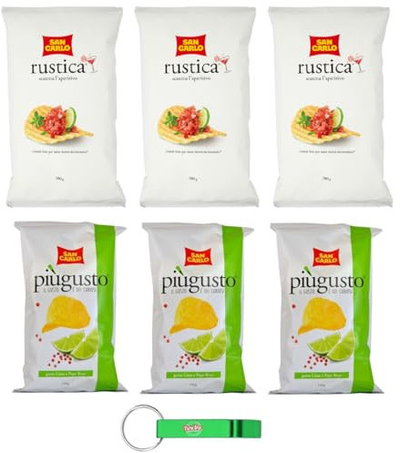 6 confezioni di test San Carlo Patatina, lime e pepe rosa, 3 x 150 g + Rustica 3 x 300 g, sacchetto di patatine + portachiavi Beni Culinari
