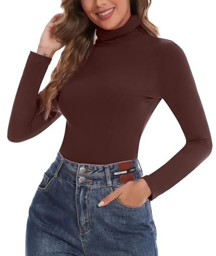 SHAPERIN Long Sleeve Top Women Polo Roll Neck Tops Plain Mockneck Casual Shirts Tight Tops Ribbed Tee Brown L