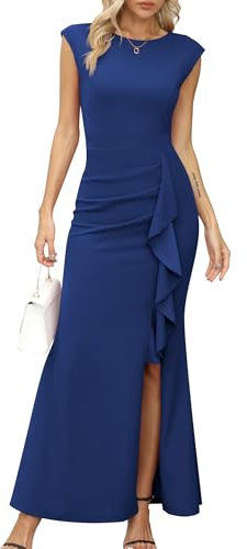 Missufe - Vestido de fiesta maxi para mujer, de noche, con mangas de ala y abertura, corte de sirena, bodycon, para bodas, cócteles, bailes, azul, M
