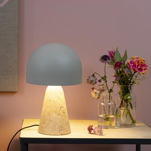 Lightbox Pilz Tischlampe mit Wipp-Schalter & Basis aus hochwertigen Travertine Stein | 31 cm Höhe & 20 cm Durchmesser | Deko Tischleuchte | E14 Fassung | Wohnzimmer-Lampe in Hell- bis Dunkel-Beige