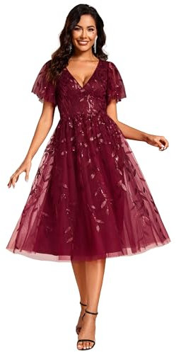 Ever-Pretty Prom Dress Leaf Sequin Short Sleeve Tulle Midi Wedding Guest Dress Burgundy 24UK