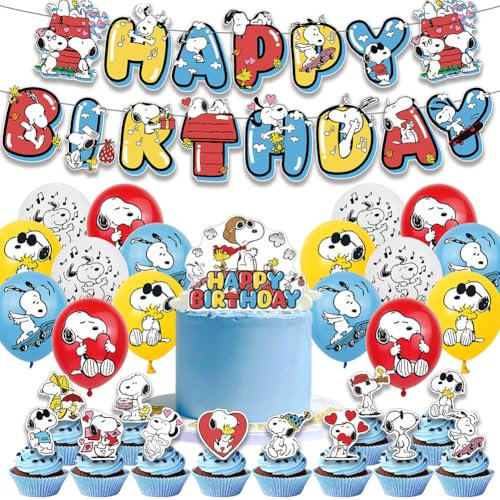 OPVXZAD Sn-opy Party Decorations Set 30pcs Balloon Garland Kit with Banner Cupcake Toppers & Latex Balloons for Kids Birthday Decorations,Cartoon Theme Party Supplies