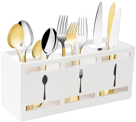 Gzsekken Kitchen Utensils Holder White Utensil Holder Cutlery Holder 3 Compartments Wooden Utensil Storagae Kitchen Utensils Organiser Cutlery Caddy Cooking Tools Storage for Countertop