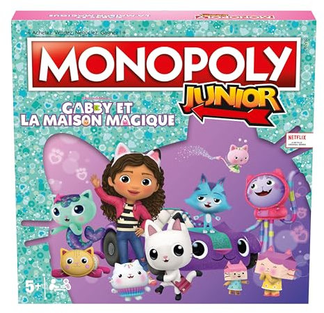 Winning Moves - Monopoly Junior Gabby und das Zauberhaus (Gabby's Dollhouse) – Gesellschaftsspiel – Brettspiel – ab 5 Jahren – 2 bis 4 Spieler – französische Version