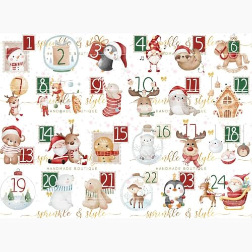 Sprinkle & Style HANDMADE BOUTIQUE 24 Bügelbilder für den Adventskalender, Individuell & einfach zum Aufbügeln, DIY Weihnachtskalender Set mit Zahlen 1-24 (A3 (29,7 x 42 cm))