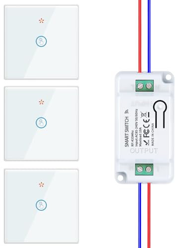 HYHIOTS Funkschalter Set, RF433 Lichtschalter Funk, 230V Funk-Sender-Sicherheitsschalter und Empfänger-Controller 10A, Funk Schalter, Wandlichtsschalter, Touch Lichtschalter Licht (White 3V1)