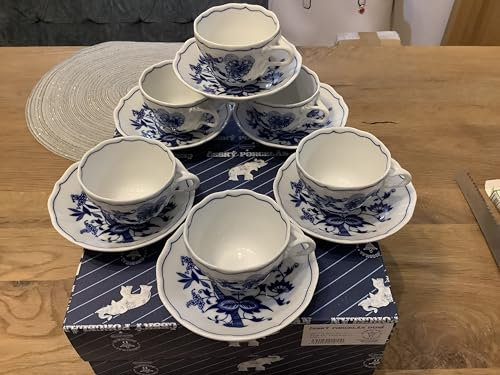 Zwiebelmuster Bohemia 6 x Original Blue Onion Pattern Oversize 6.76 oz Coffee Cup and Saucer Set porcelain hand painted