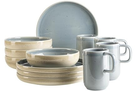 MÄSER, Serie Candy, Frühstücksset für 4 Personen, Geschirr in Pastellfarbe und morderner runder Form, hergestellt in Portugal, Steinzeug, Blau