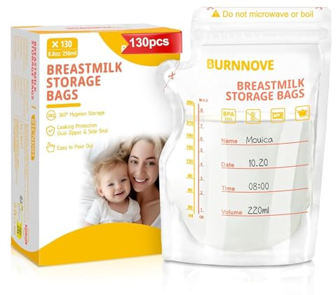 BURNNOVE Breast Milk Storage Bags 130 Pack 250ml BPAFree Leakproof Double Zipper UltraDurable with EasyPour Spout WriteOn Labels