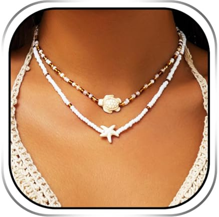 Handcess Boho Beaded Necklace White Starfish Layered Necklaces Beach Turtle Necklace for Women