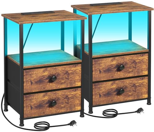 AMHANCIBLE Night Stand Set 2, LED Nightstand with Charging Station, End Tables with Storage Shelf, Bedside Table with 2 Fabric Drawers for Bedroom, Small Spaces UHETS02PBR