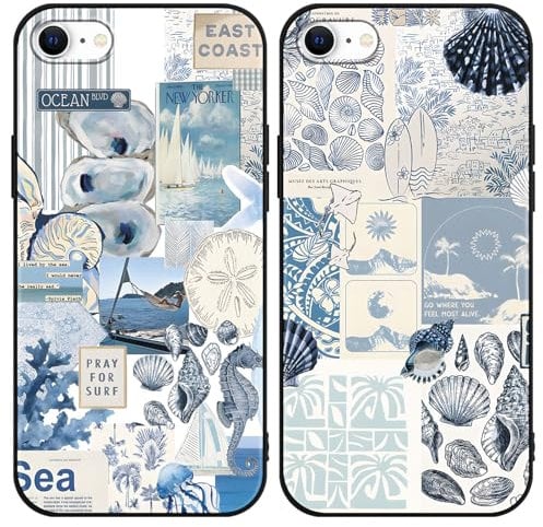 Phoona Lot de 2 jolies coques pour iPhone 7/SE 2020/8/SE 2022 4,7, motif collage européen Preppy Summer Girly pour filles et femmes, coque de protection antichoc en silicone souple et fin, bleu 04
