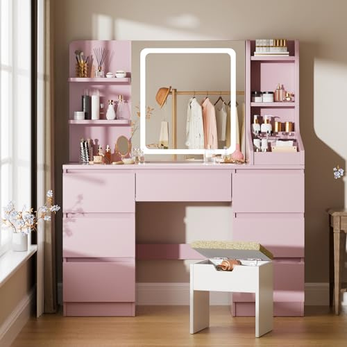 TRIUMPHKEY Schminktisch mit LED Beleuchtung und Hocker, Einstellbarer Helligkeit, Frisiertisch mit Spiegel, Kosmetiktisch mit 7 Schubladen, für das Schlafzimmer (Rosa)