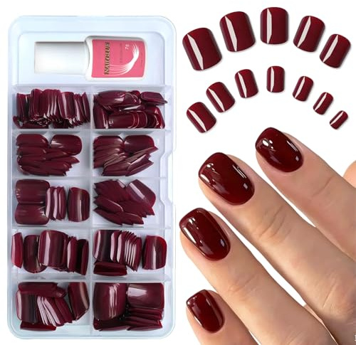 240pcs Burgundy Press on Nails Square Dark Red Short False Nails with Tools,12 Sizes Christmas Wine Red Acrylic Nails Reusable with Glue,for Women & Girls Manicure Decorations